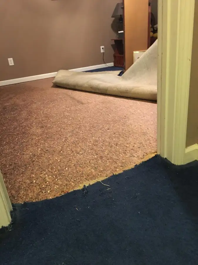 Carpet pad removal revealing water damage during Drying & Dehumidification in Woodstock